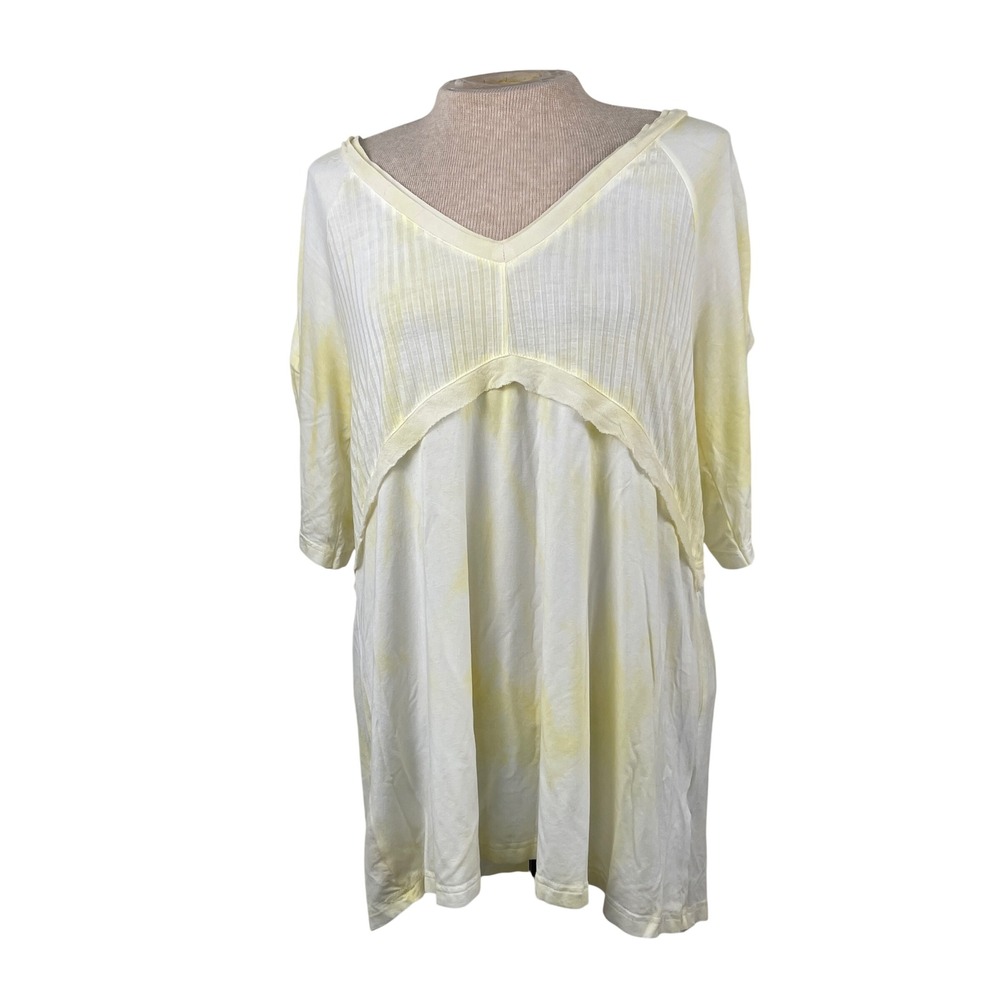 POL Womens Yellow Tie Dye Mixed Media Ruched Sleeve V-Neck Tunic Top Small
